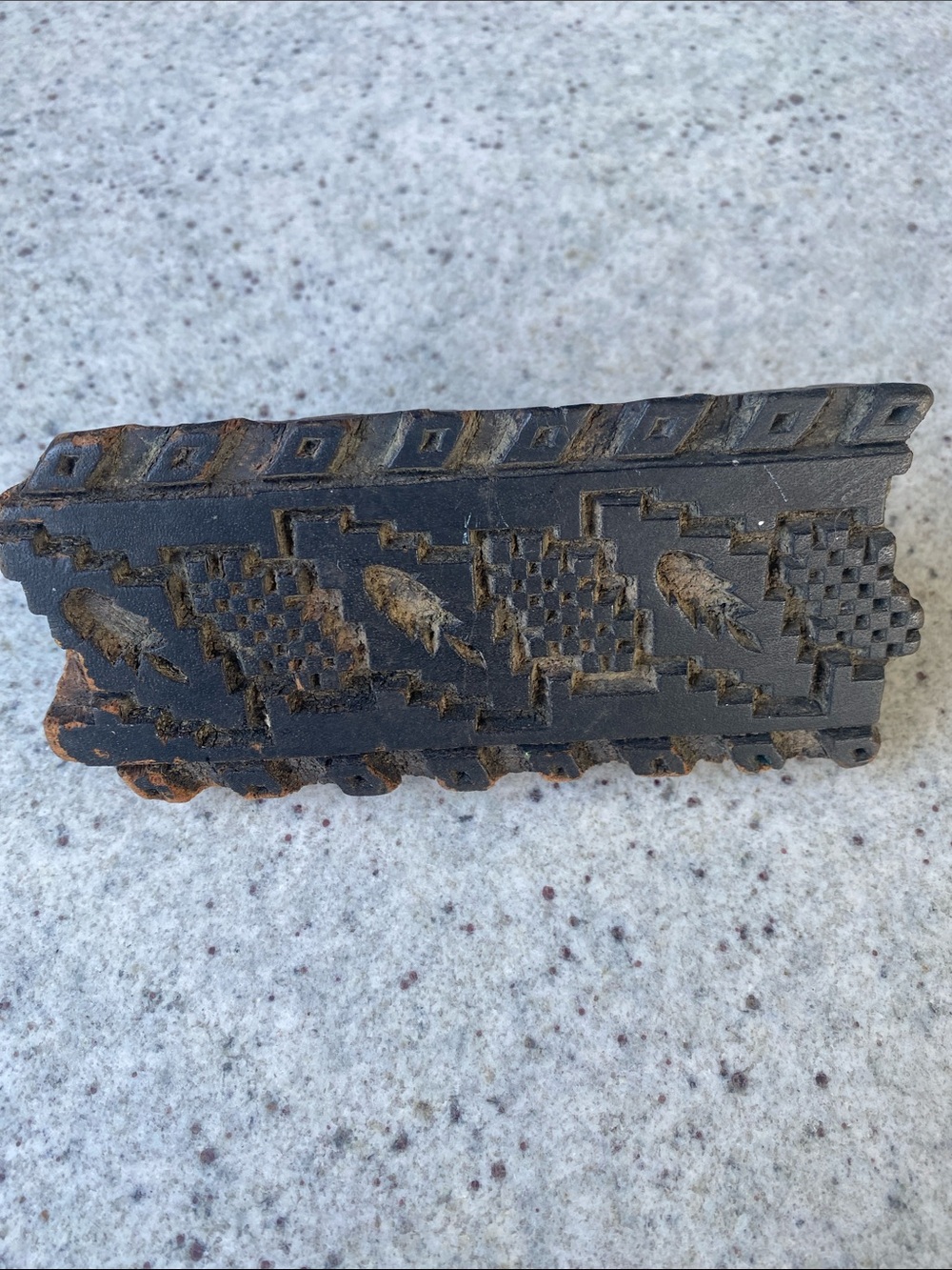 Carved Wood Printing Block with Feather & Geometric Motif - Black/Brown